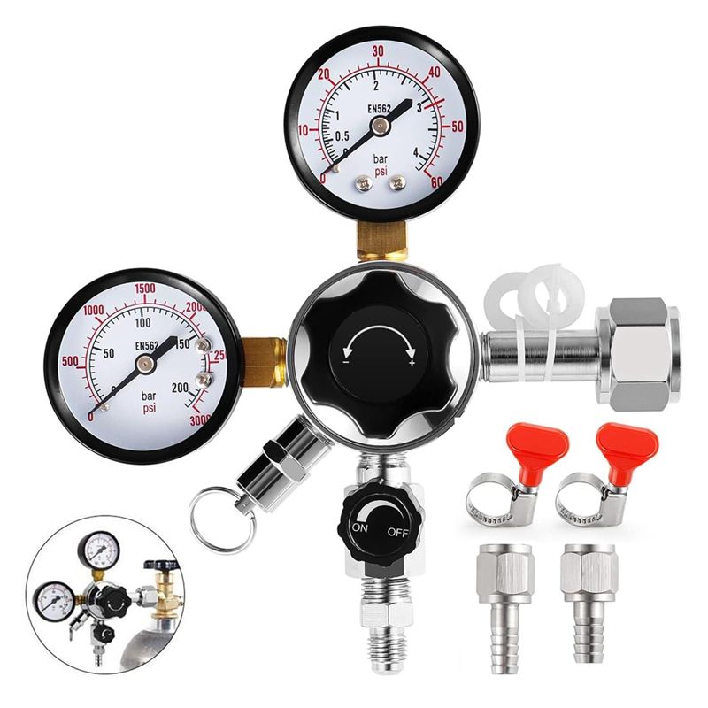 Co2 Regulator Dual Stage - ตัวควบคุมความดันถังเบียร์ CGA-320, ตัวควบคุมความดัน CO2 แบบสองขั้นตอนสำหรับเครื่องจ่ายเบียร์ พร้อมข้อต่อขนาด